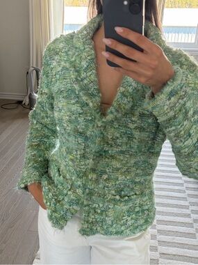 Green Bouclé Shawl Collar Sweater Jacket